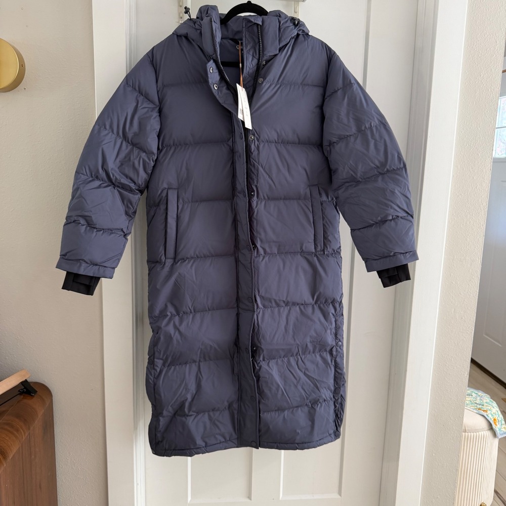 Quince Responsible Down Long Puffer Jacket Storm Blue Hooded Parka Size M NEW
